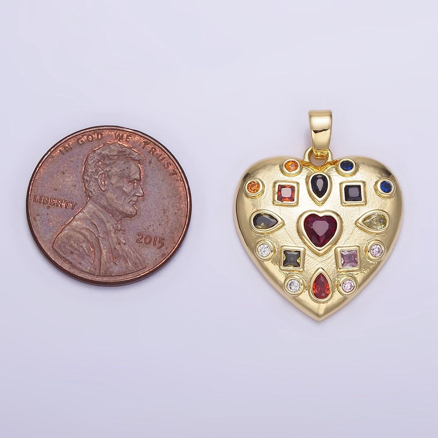 14k gold filled 25mm multicolor cz heart dome pendant | ah-145