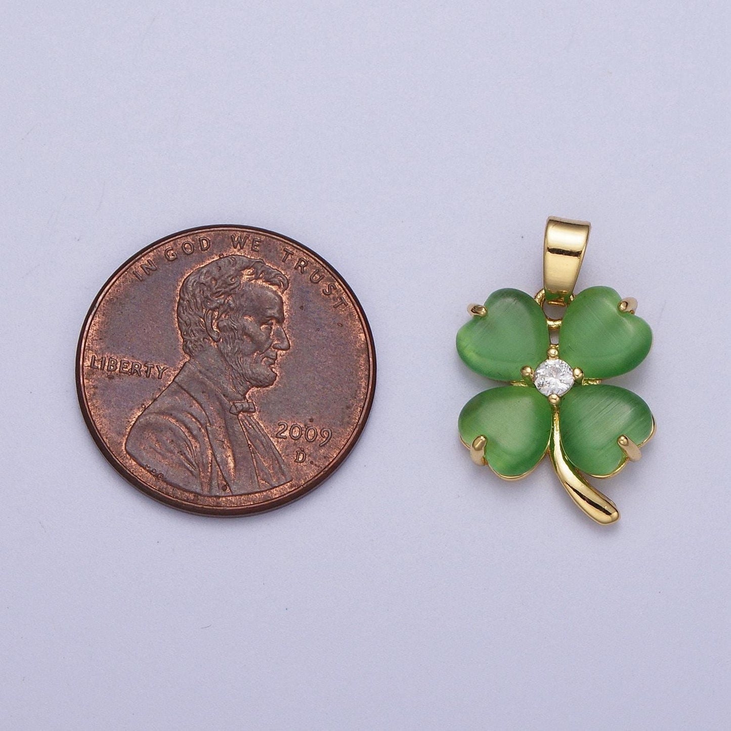 Gold cz jade green four-leaf clover pendant, 24k gold plated fern green jade hearts w. clear micro paved cz crystals charm | x-674