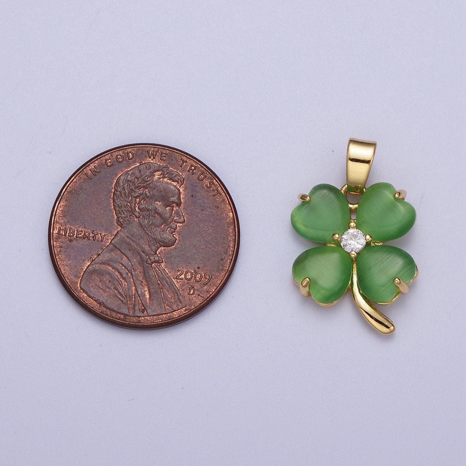 Gold cz jade green four-leaf clover pendant, 24k gold plated fern green jade hearts w. clear micro paved cz crystals charm | x-674