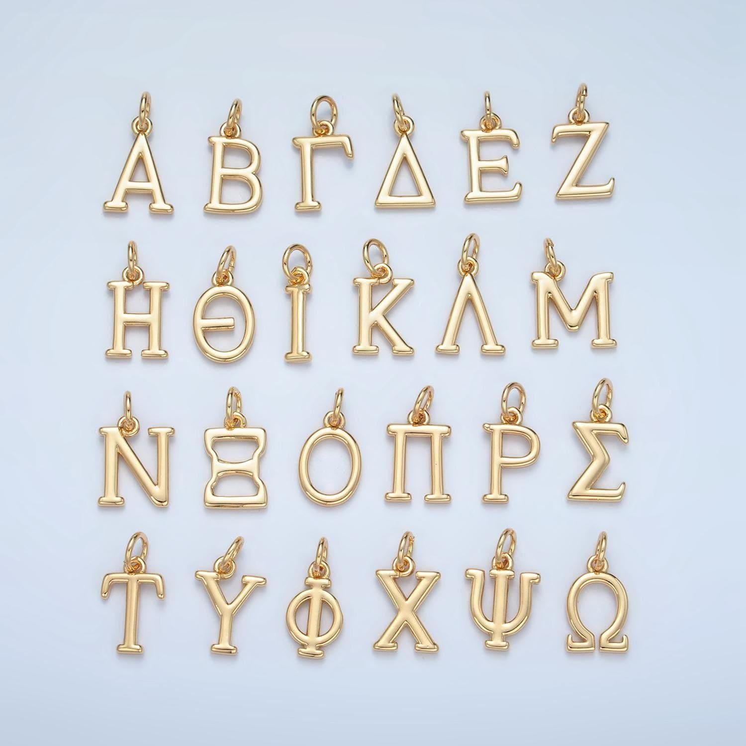 Dainty 18k gold filled greek alphabet personalized charm in gold & silver | a1271