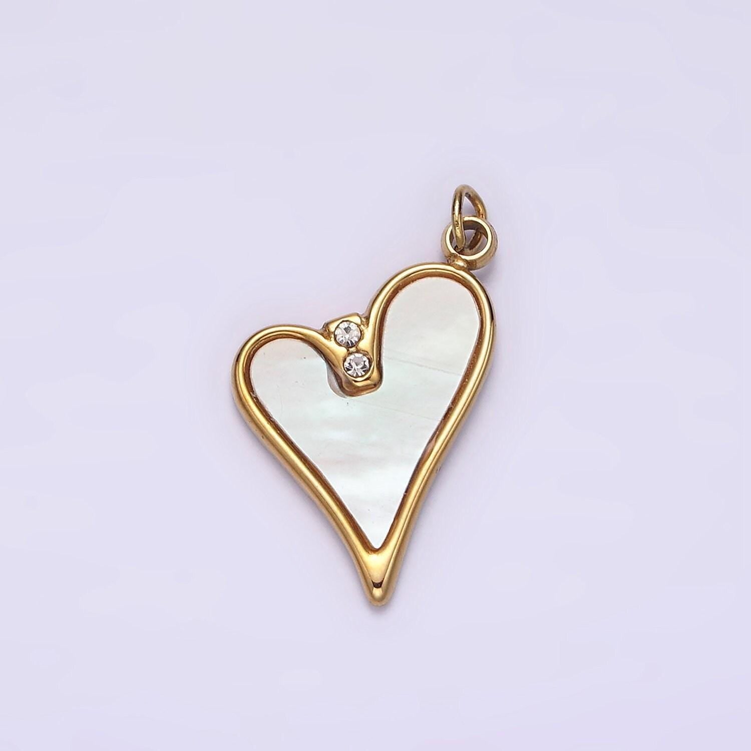 Stainless steel double clear cz shell pearl heart charm in gold & silver | p1296