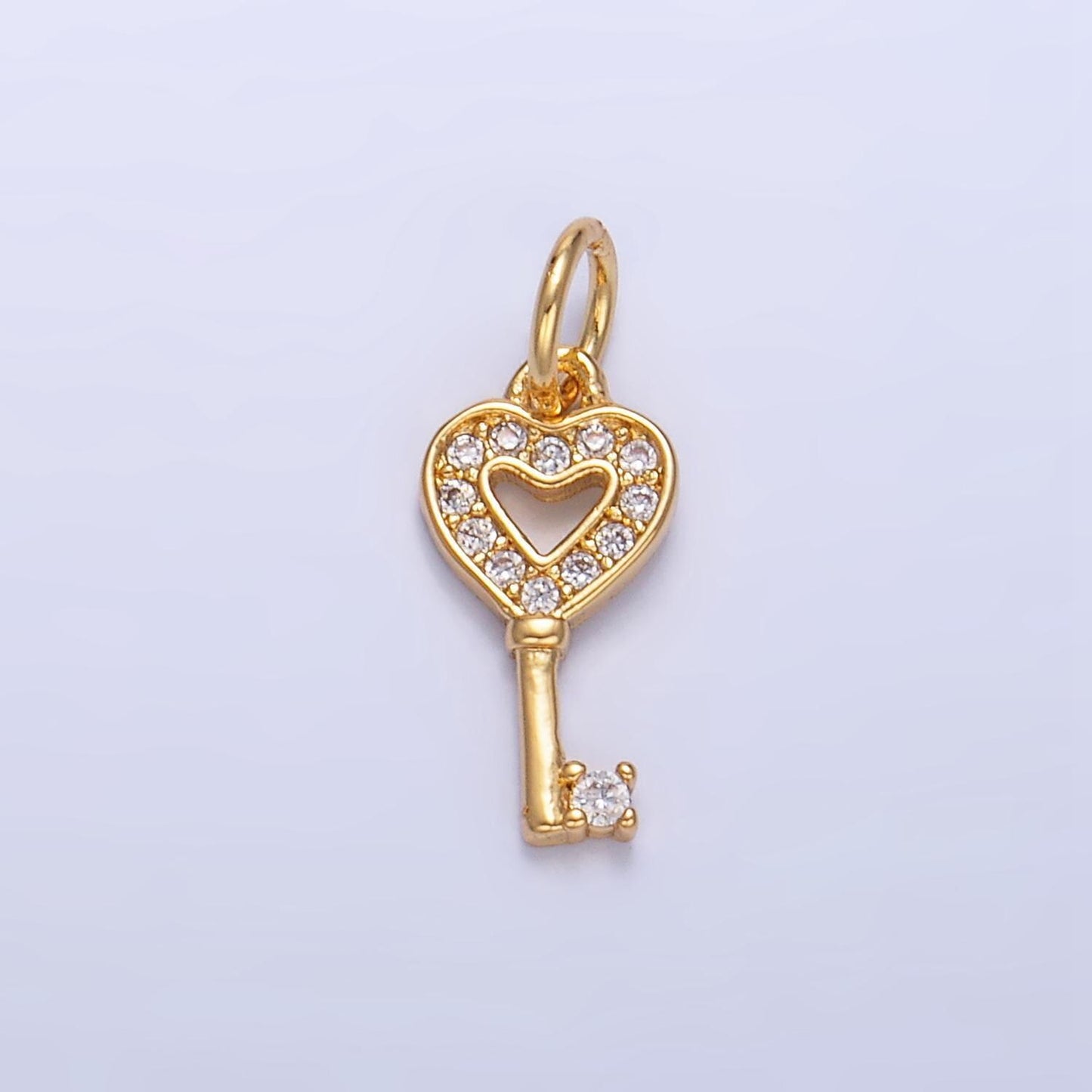 Micro pave cz heart key 24k gold filled charm | w-048