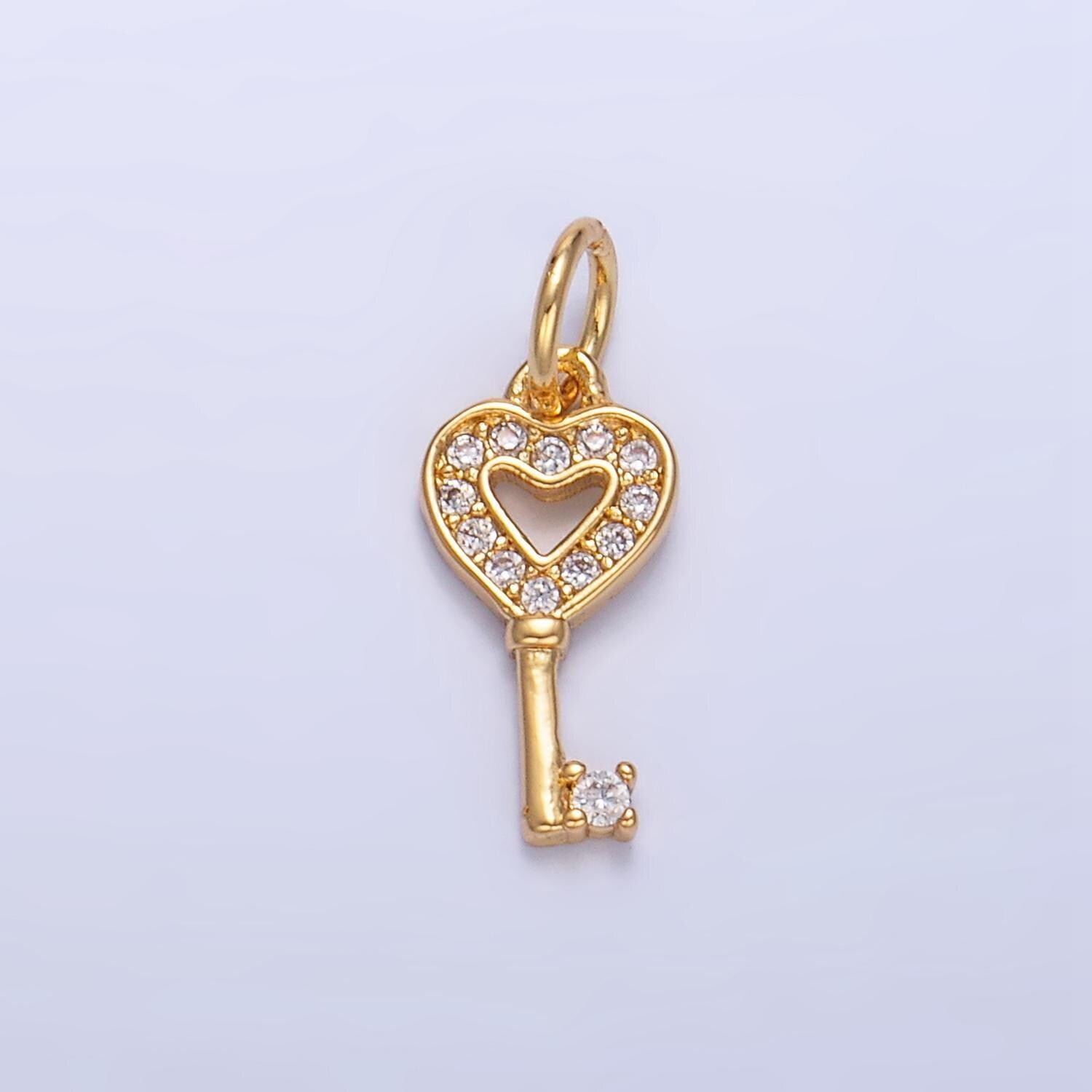 Micro pave cz heart key 24k gold filled charm | w-048