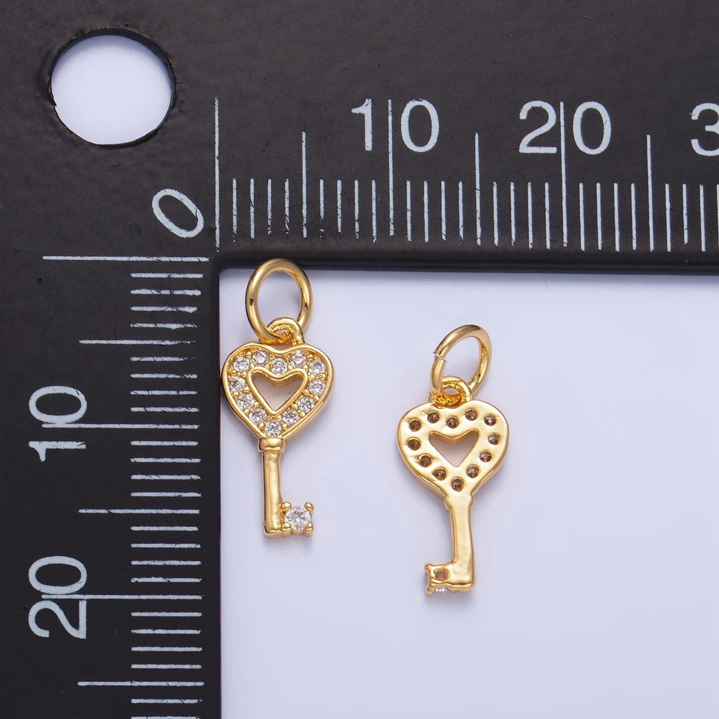 Micro pave cz heart key 24k gold filled charm | w-048