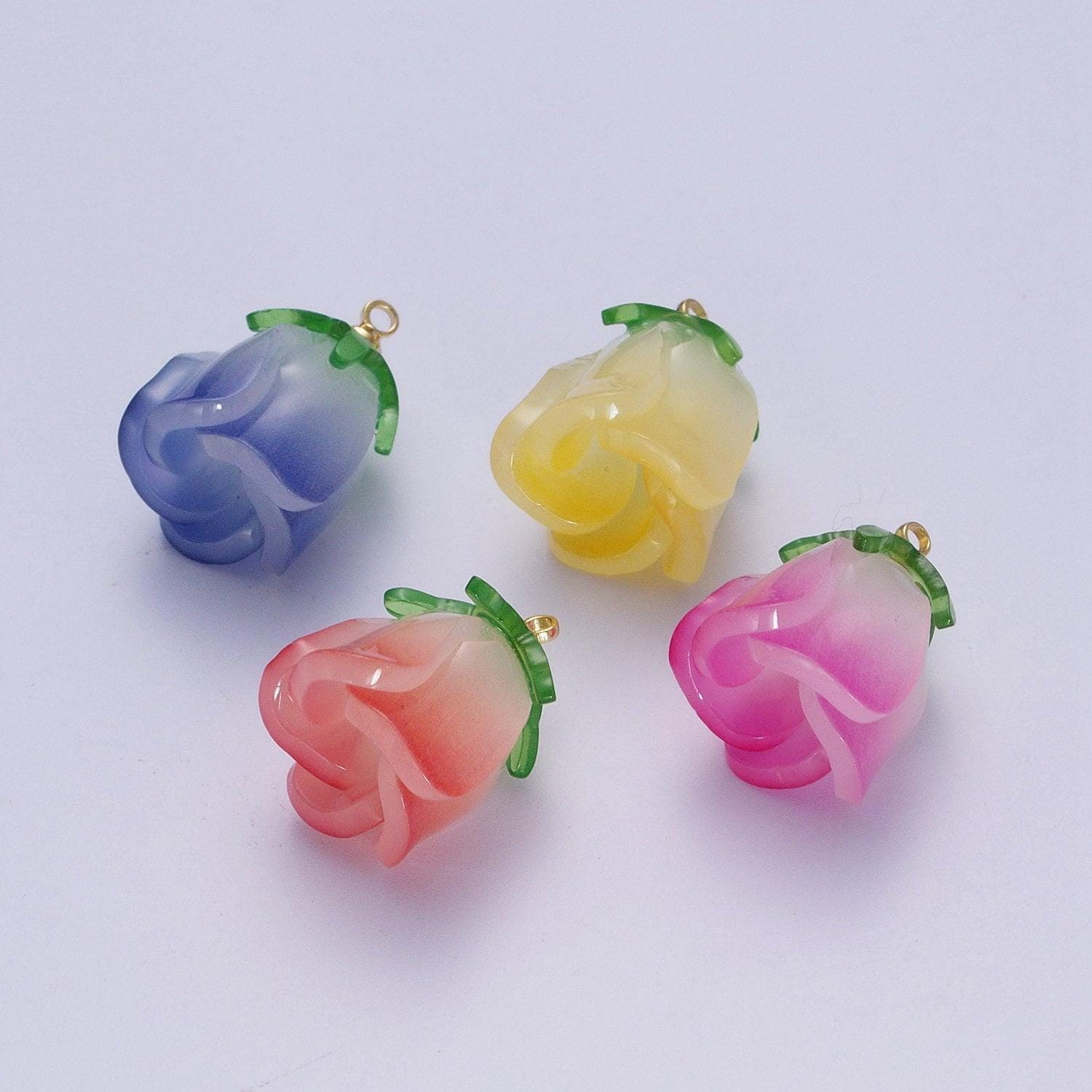 Colorful glass rose pendants, 14k gold filled dainty yellow, blue, red, pink dainty upside down rose flower floral charms | x-736~x-739
