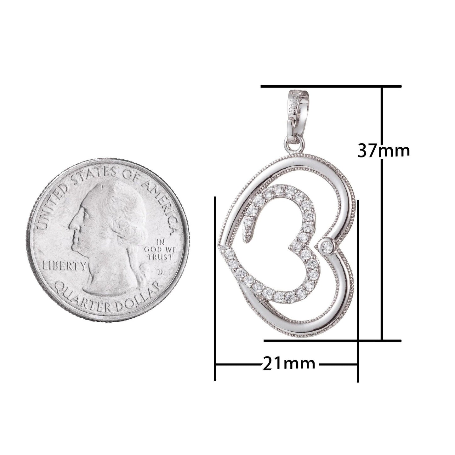1pc white gold micro pave cz heart pendant charm, link heart micro pave cz pendant charm, white pendant, for diy jewelry