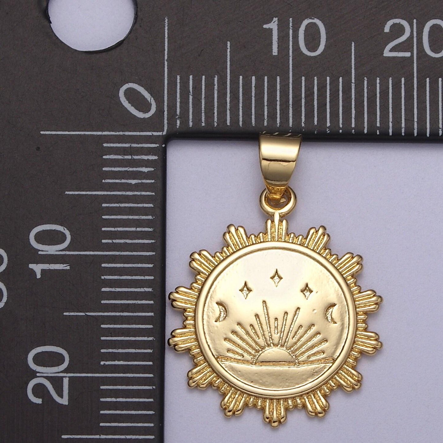 Sunrise pendant 24k gold filled lead nickel free, unique sun pendant, coin charm, round pendant, jewelry making supplies h-394