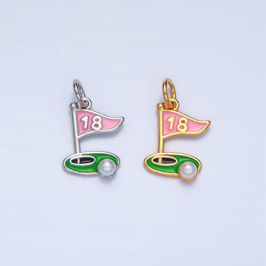 Enamel golf flag charm 18 hole charm dainty silver gold charm green hole in one charm e371