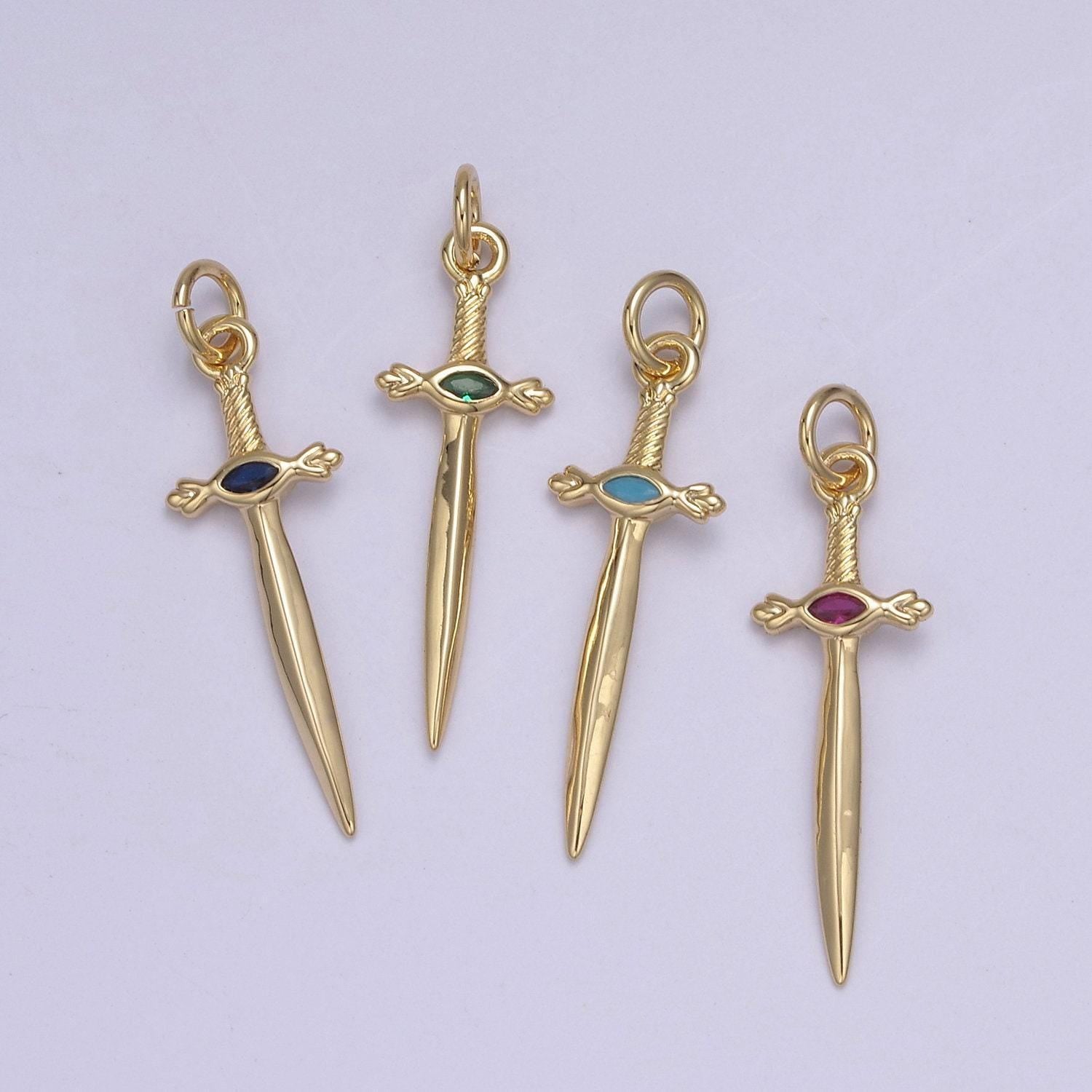 Dainty sword inlay cz gemstone with 4 color option dagger knife pendant | diy fashion charm add on necklace bracelet | n-811