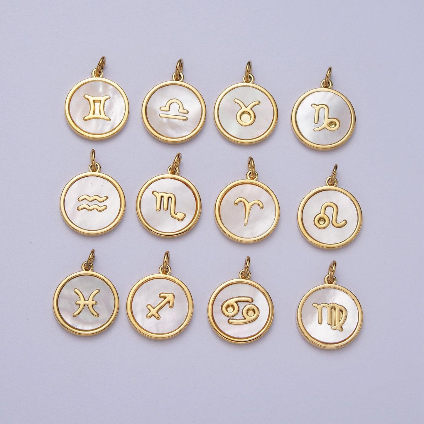 Shell pearl gold zodiac signs medallion pendant, 24k gold filled astrology birthday month horoscope mother of pearl round coin charm |