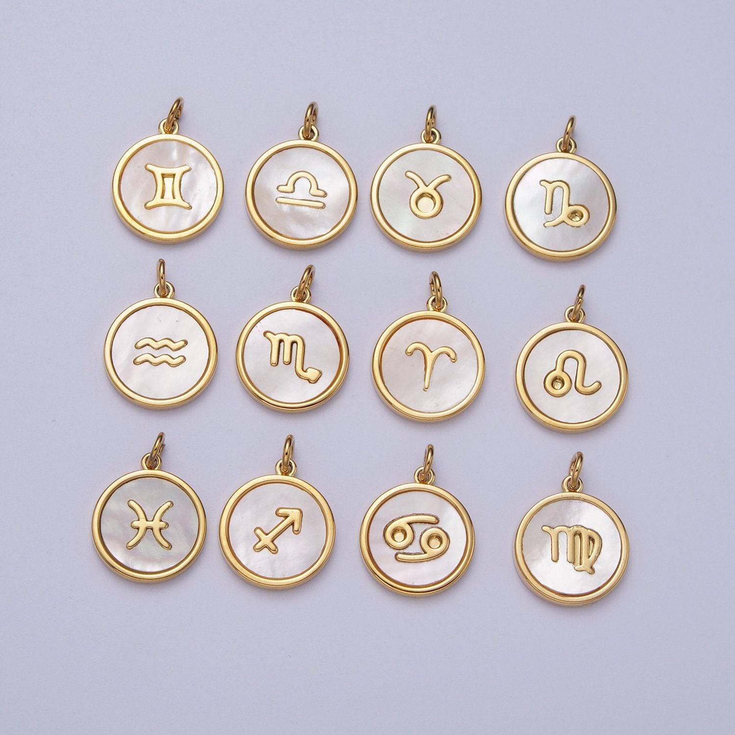Shell pearl gold zodiac signs medallion pendant, 24k gold filled astrology birthday month horoscope mother of pearl round coin charm |