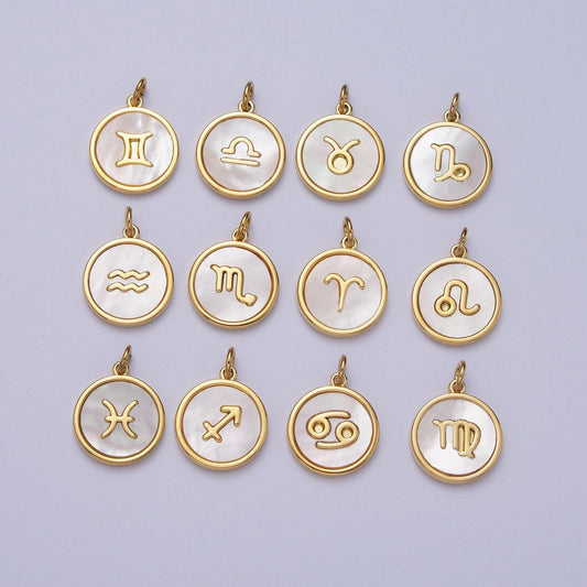 Shell pearl gold zodiac signs medallion pendant, 24k gold filled astrology birthday month horoscope mother of pearl round coin charm |