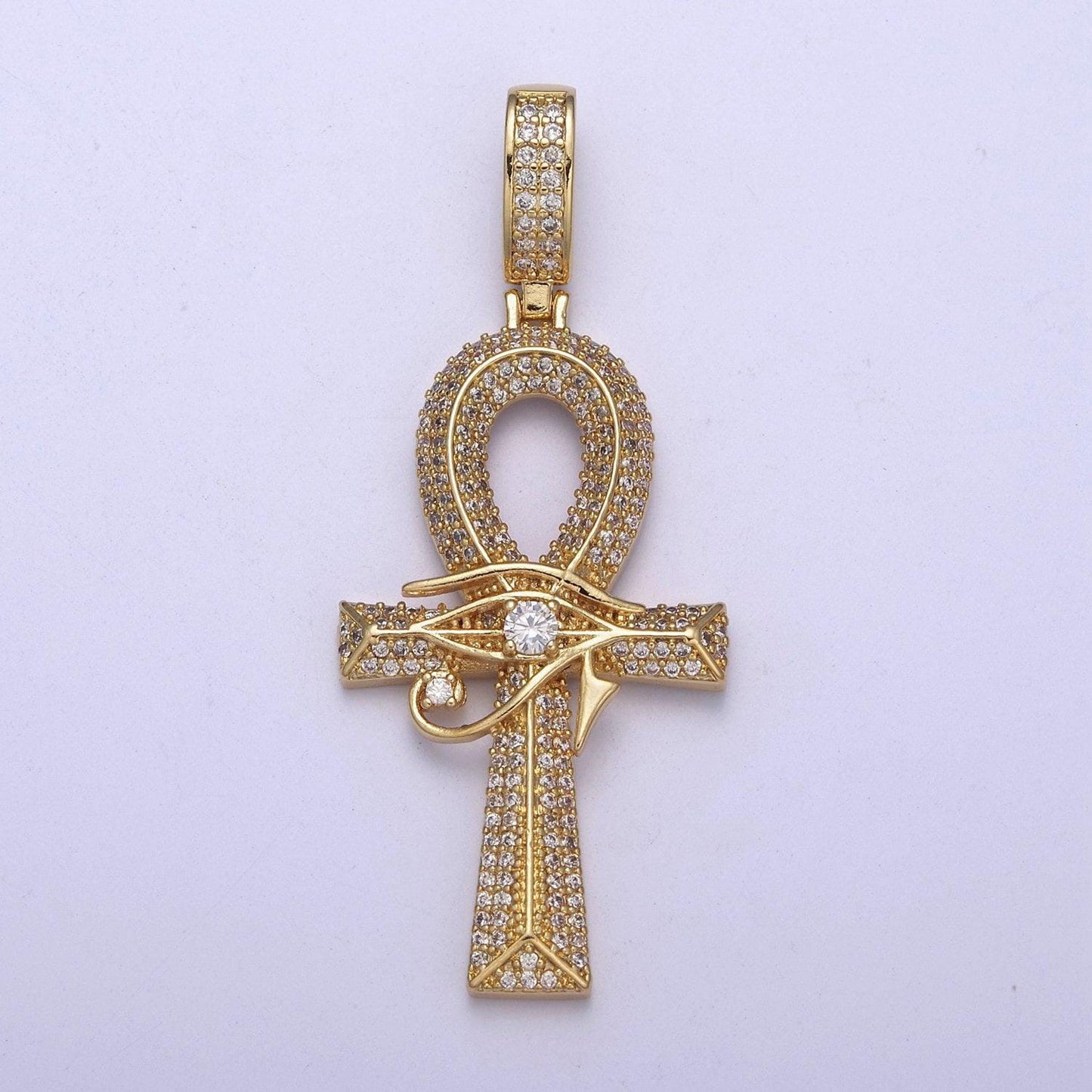 Large ankh gold cz micro pave cross pendant, eye of ra cubic zirconia charm micro pave jewelry findings h-326