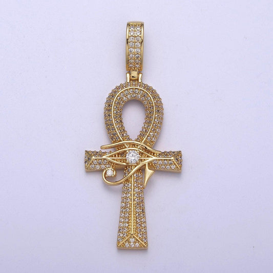 Large ankh gold cz micro pave cross pendant, eye of ra cubic zirconia charm micro pave jewelry findings h-326