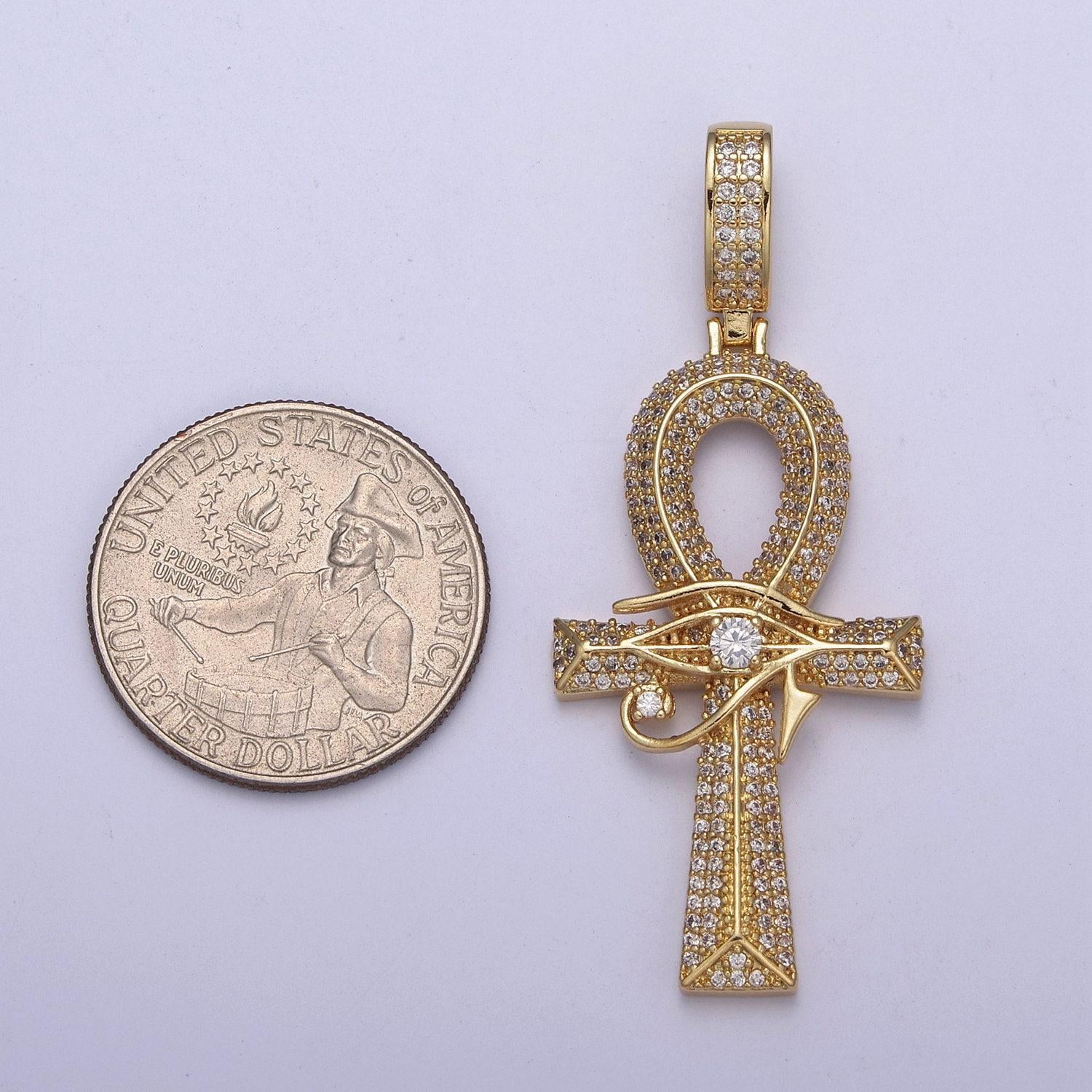 Large ankh gold cz micro pave cross pendant, eye of ra cubic zirconia charm micro pave jewelry findings h-326