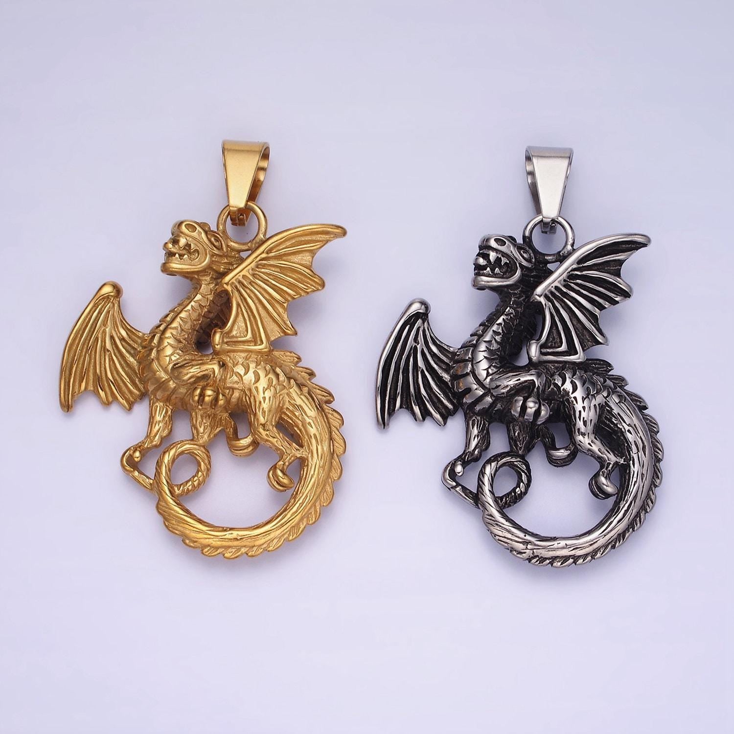 Stainless steel dragon necklace charm gold mythical animal pendant jewelry for men statement jewelry p-1211