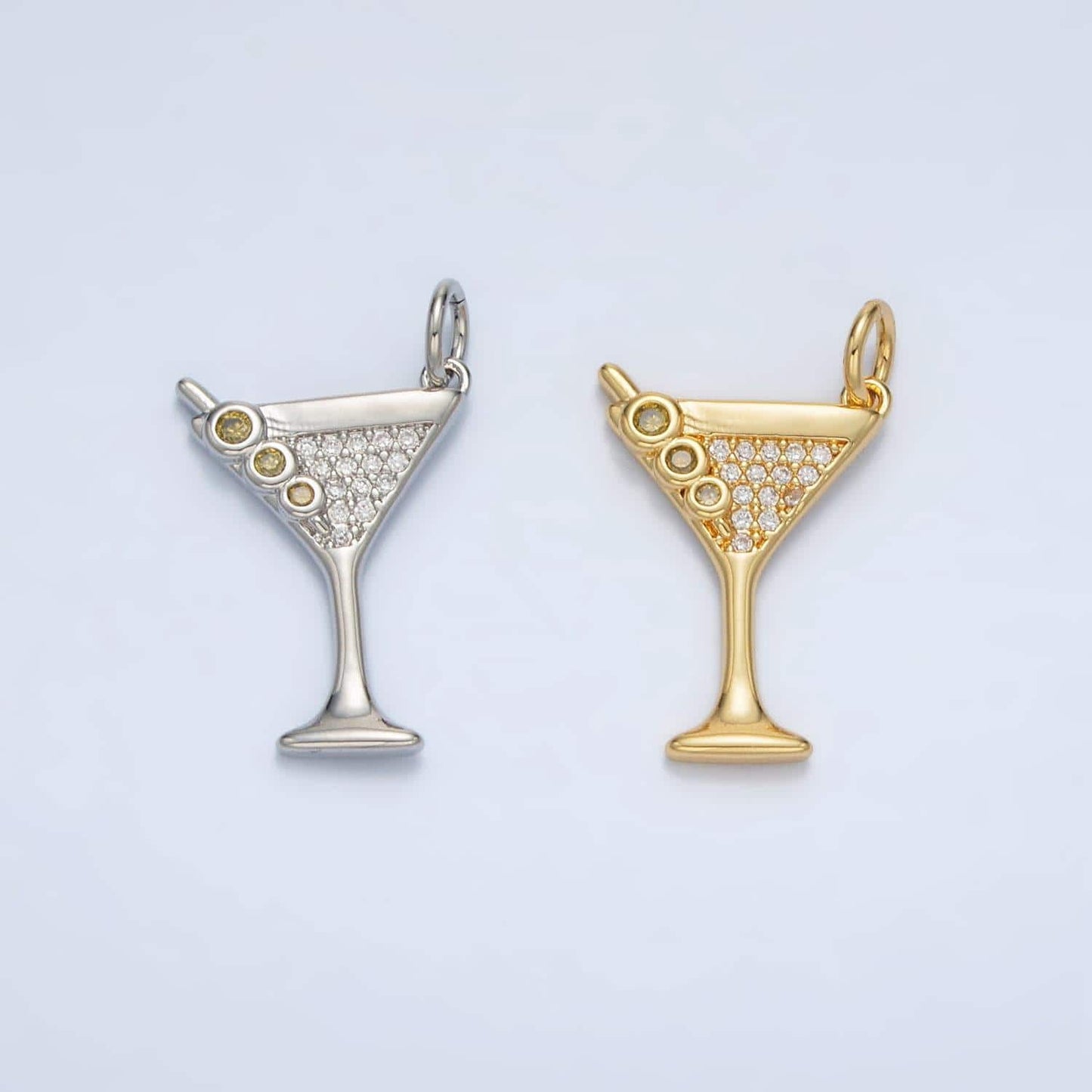 Dainty gold martini charm with cz cubic gold drink glass olive micro pave pendant silver cocktail pendant drink charm in 14k gold filled