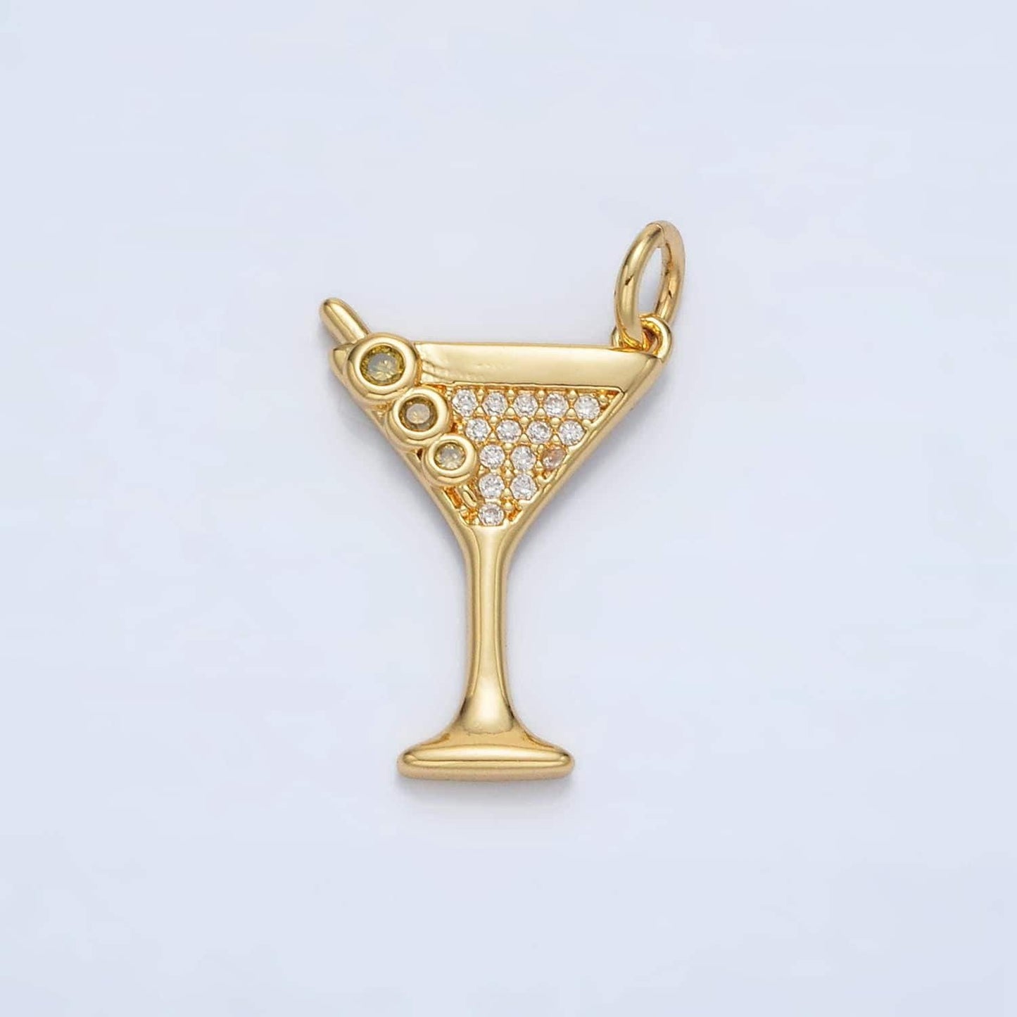 Dainty gold martini charm with cz cubic gold drink glass olive micro pave pendant silver cocktail pendant drink charm in 14k gold filled