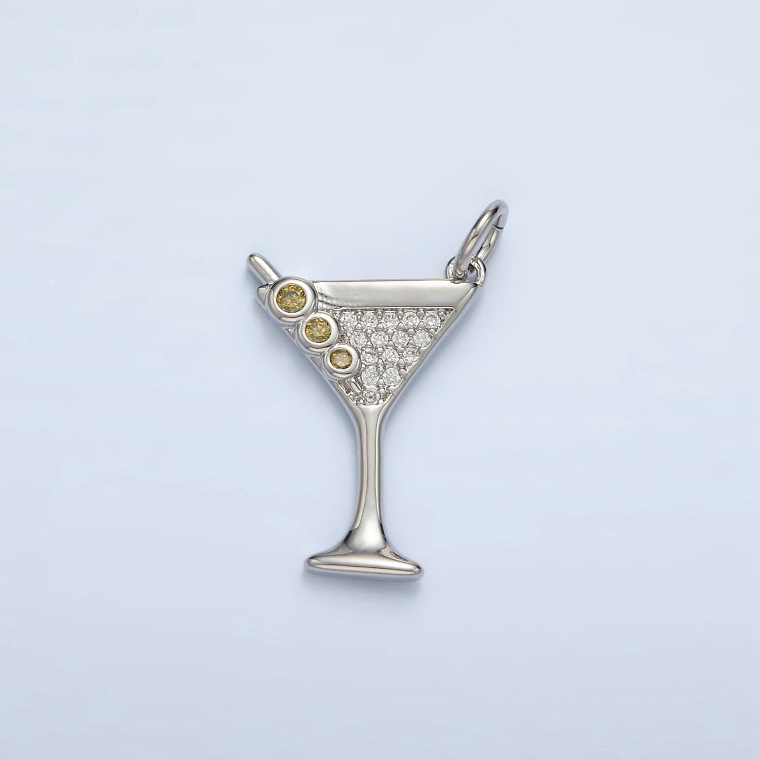 Dainty gold martini charm with cz cubic gold drink glass olive micro pave pendant silver cocktail pendant drink charm in 14k gold filled