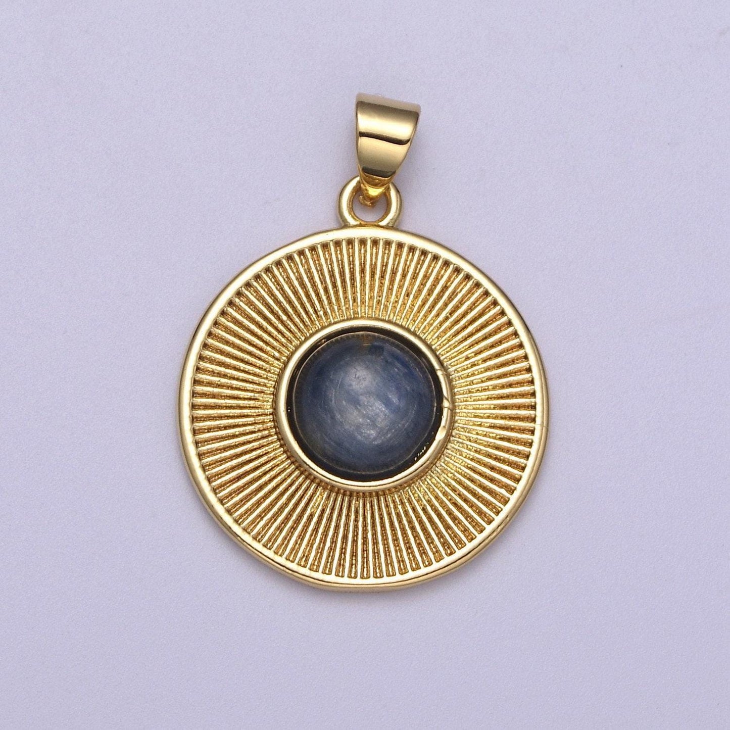 Dainty blue tiger eye stone beads round coin sunburst geometric pendant charm h-209