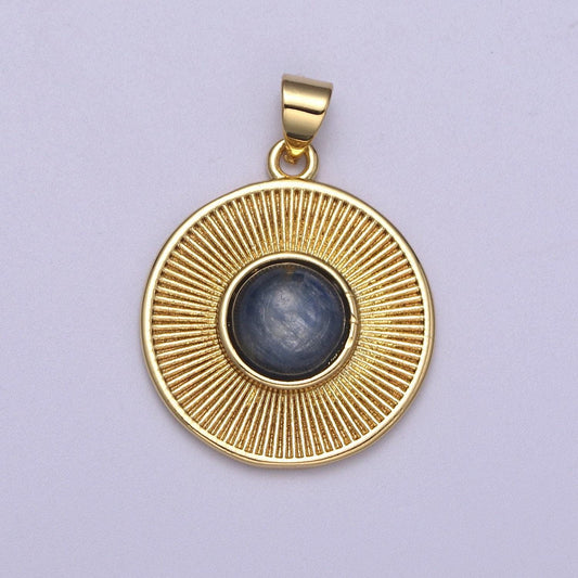 Dainty blue tiger eye stone beads round coin sunburst geometric pendant charm h-209