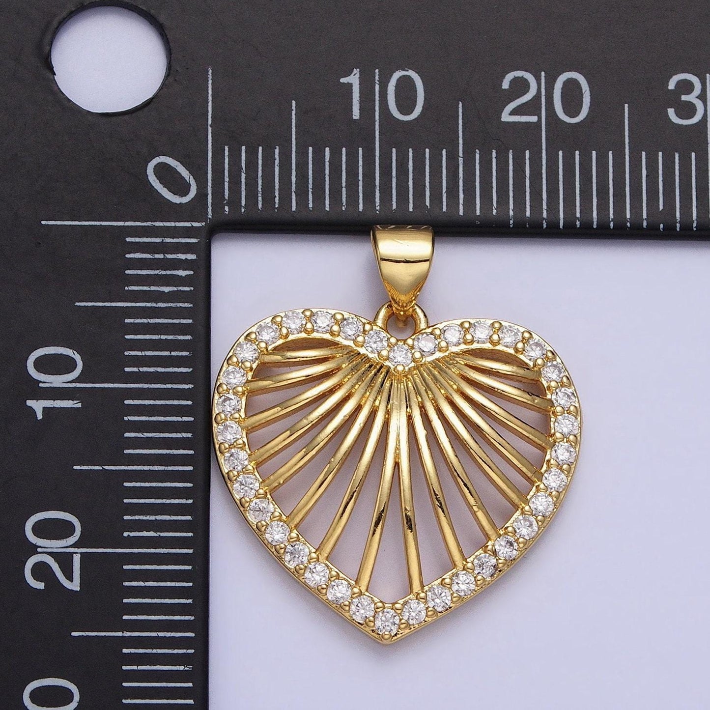 Gold radiant heart pendant, 24k gold filled cz sunburst love heart token charm w. micro pave cz edge | aa344