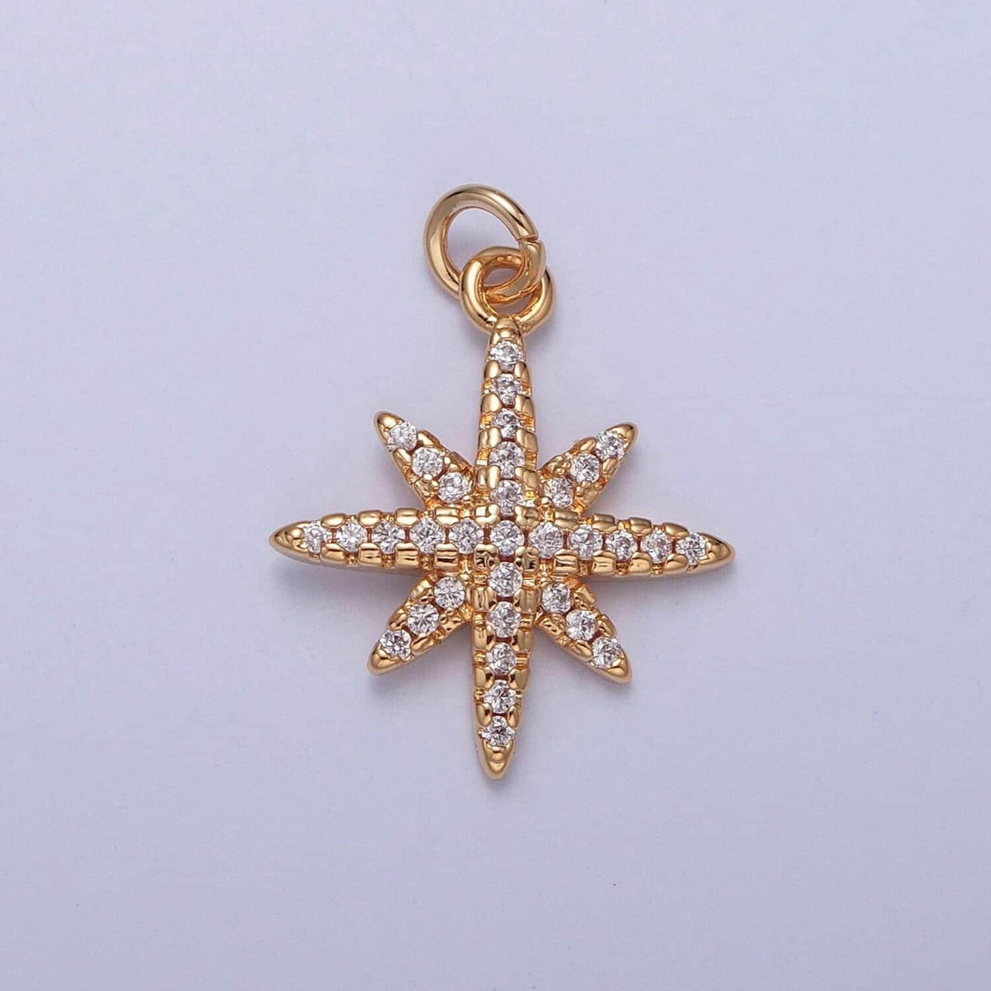 16k gold dainty eight-pointed starburst north bright stars charm cubic zirconia charm micro pave cz stars pendant | x-263