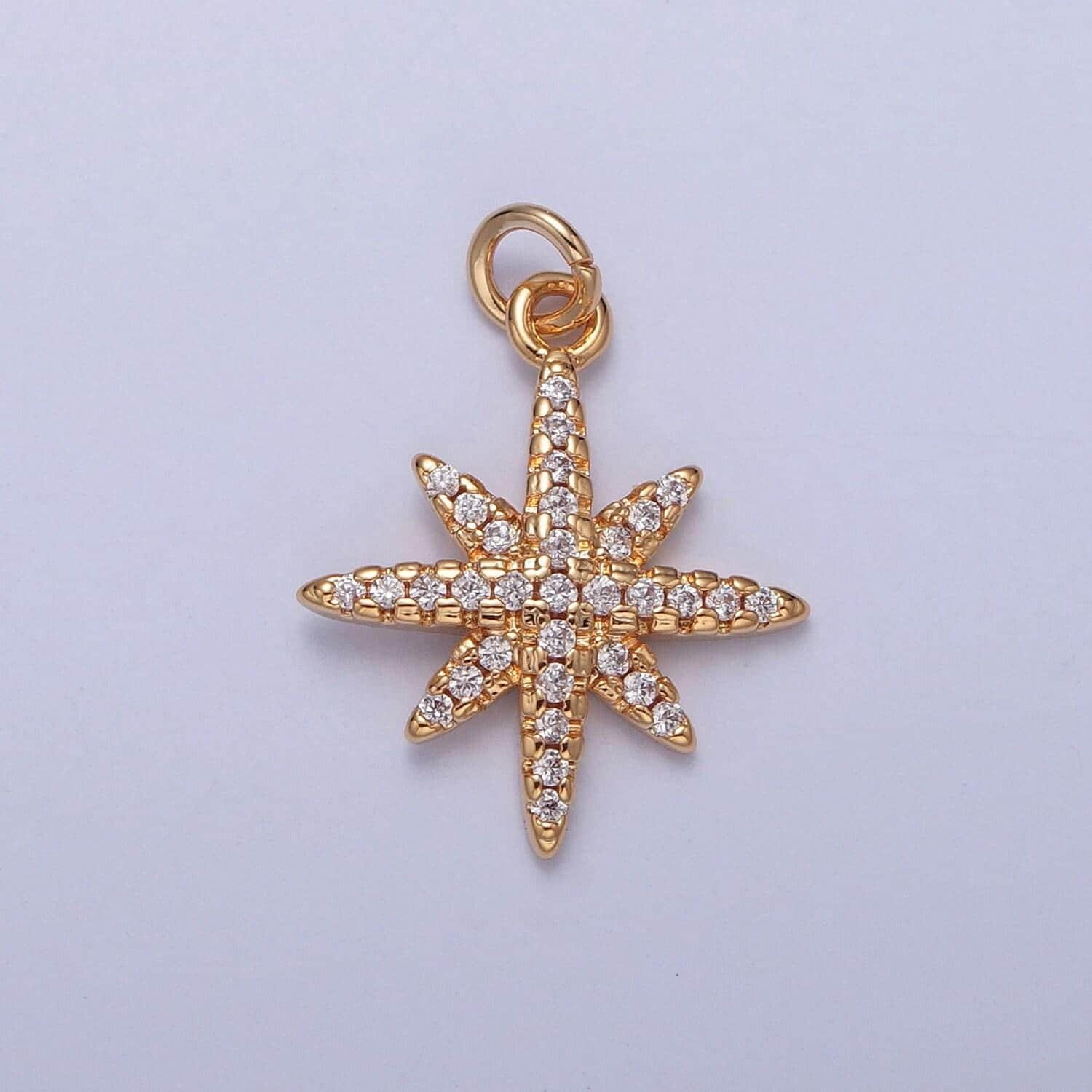 16k gold dainty eight-pointed starburst north bright stars charm cubic zirconia charm micro pave cz stars pendant | x-263