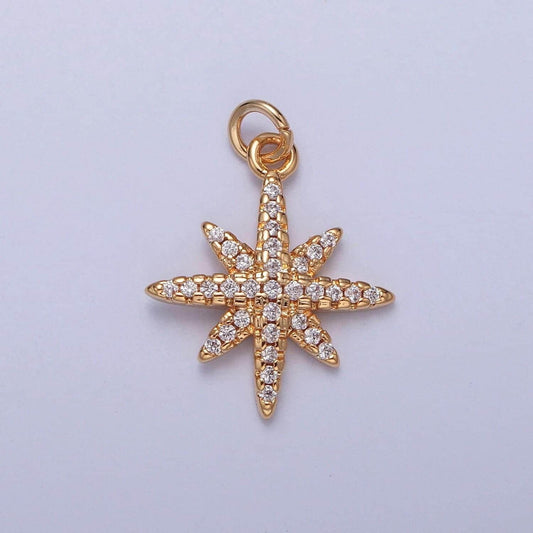 16k gold dainty eight-pointed starburst north bright stars charm cubic zirconia charm micro pave cz stars pendant | x-263