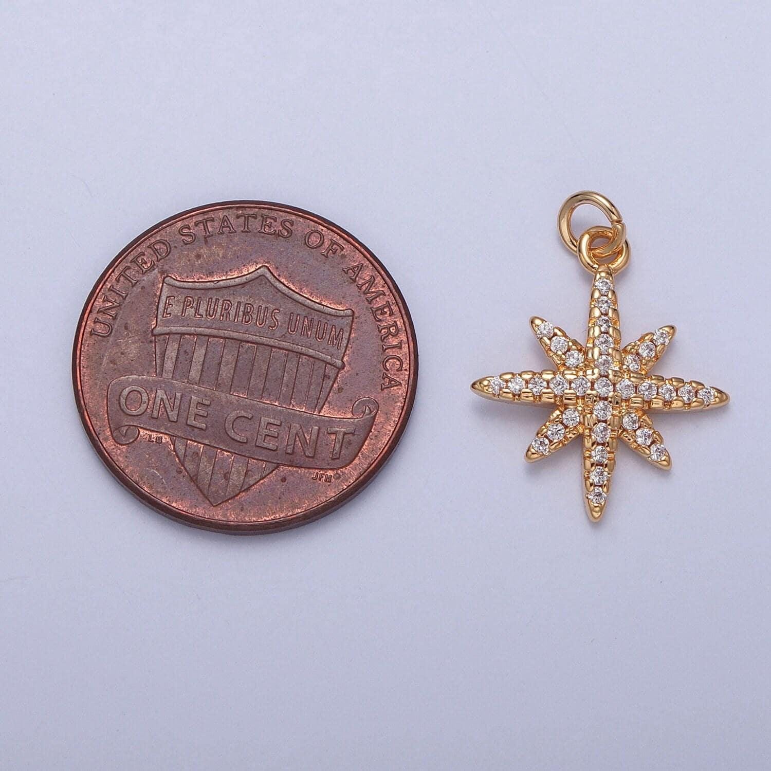 16k gold dainty eight-pointed starburst north bright stars charm cubic zirconia charm micro pave cz stars pendant | x-263