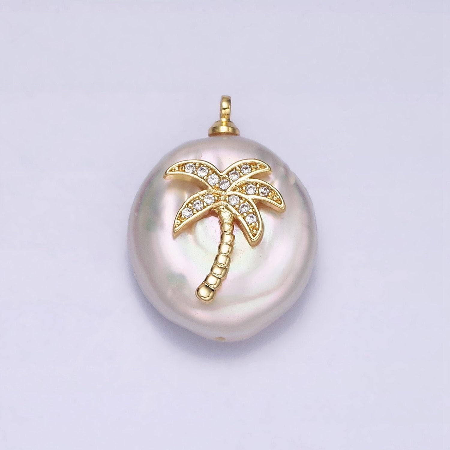 16k gold filled palm tree micro paved cz freshwater pearl charm for bracelet necklace component hawaii california beach inspired | ac1331