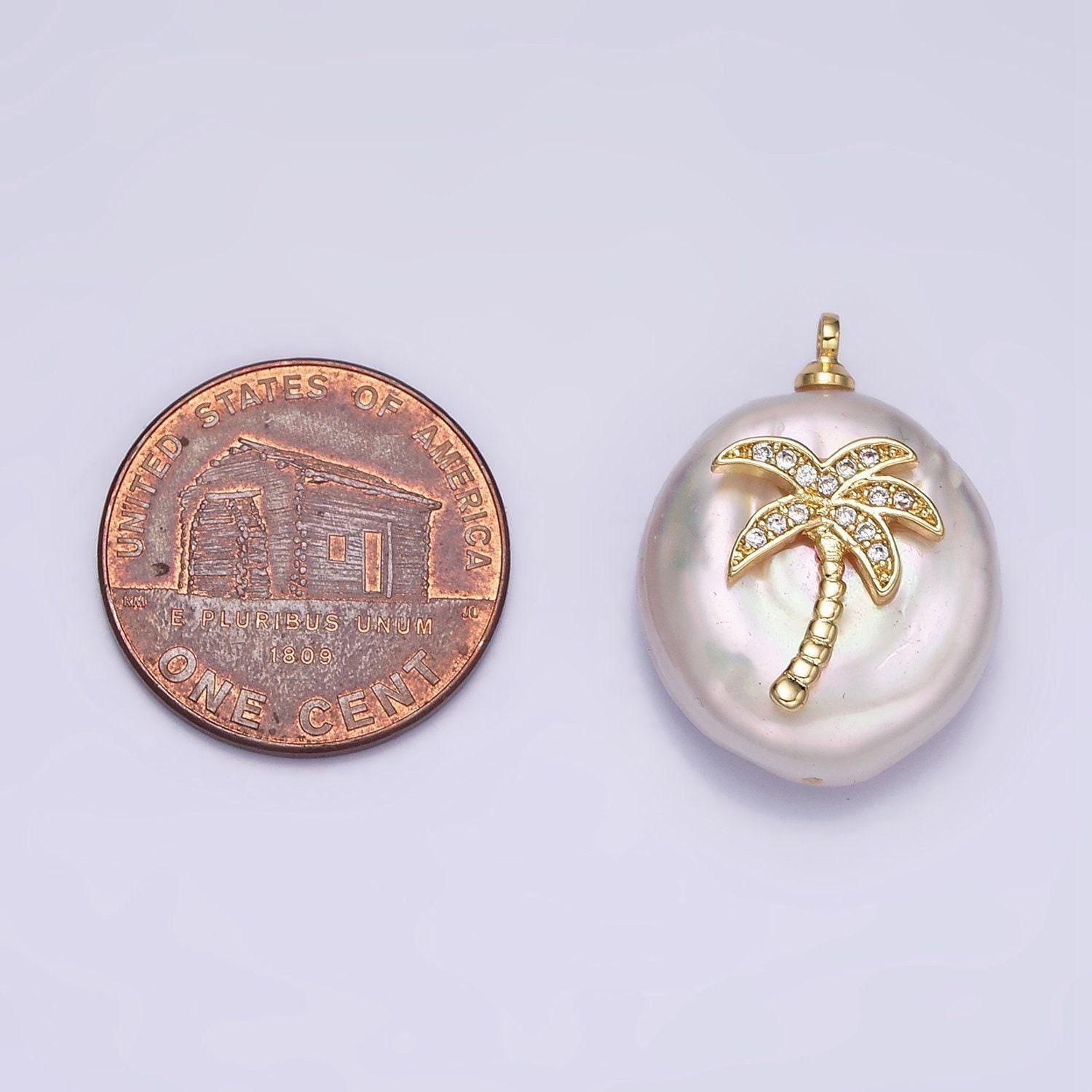 16k gold filled palm tree micro paved cz freshwater pearl charm for bracelet necklace component hawaii california beach inspired | ac1331