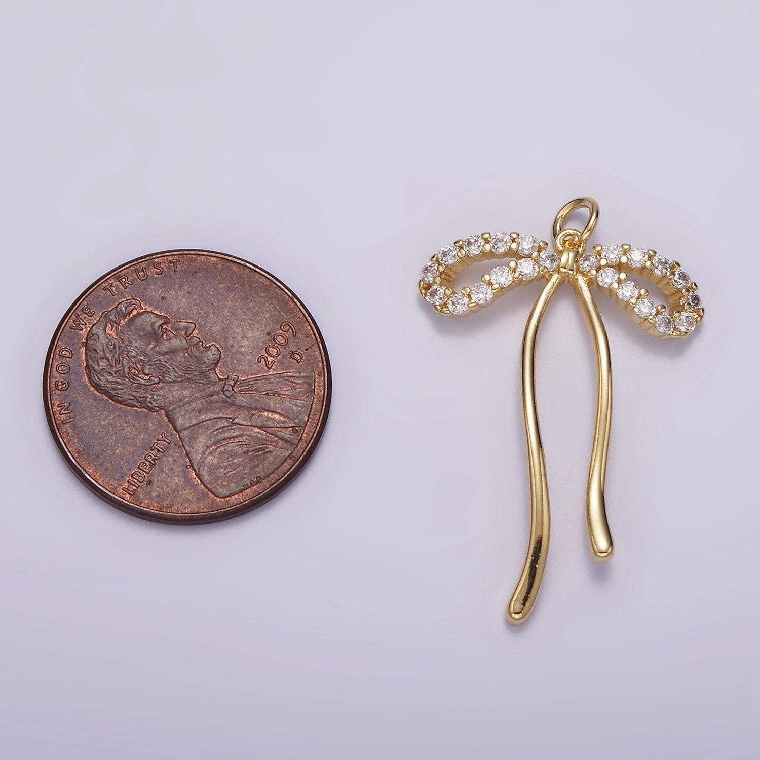 14k gold filled 30mm ribbon bow micro paved cz charm | ag495