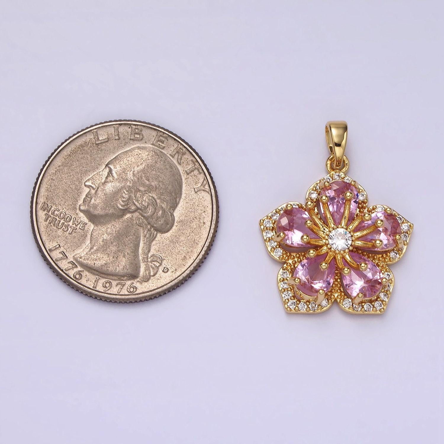 Pink teardrop cz hibiscus gold charm cluster cubic charm, dainty flower pendant dainty hawaiian inspired charm for diy supply ah049