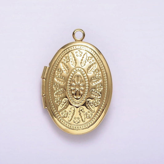 14k gold filled flower leaf nature oval dome minimalist locket charm | aa-1203