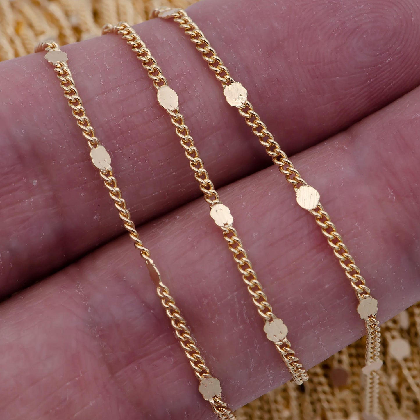 24k gold filled unfinished curb chain by yard, dainty 2mm flat round medallion links, wholesale unique bulk roll | roll-715