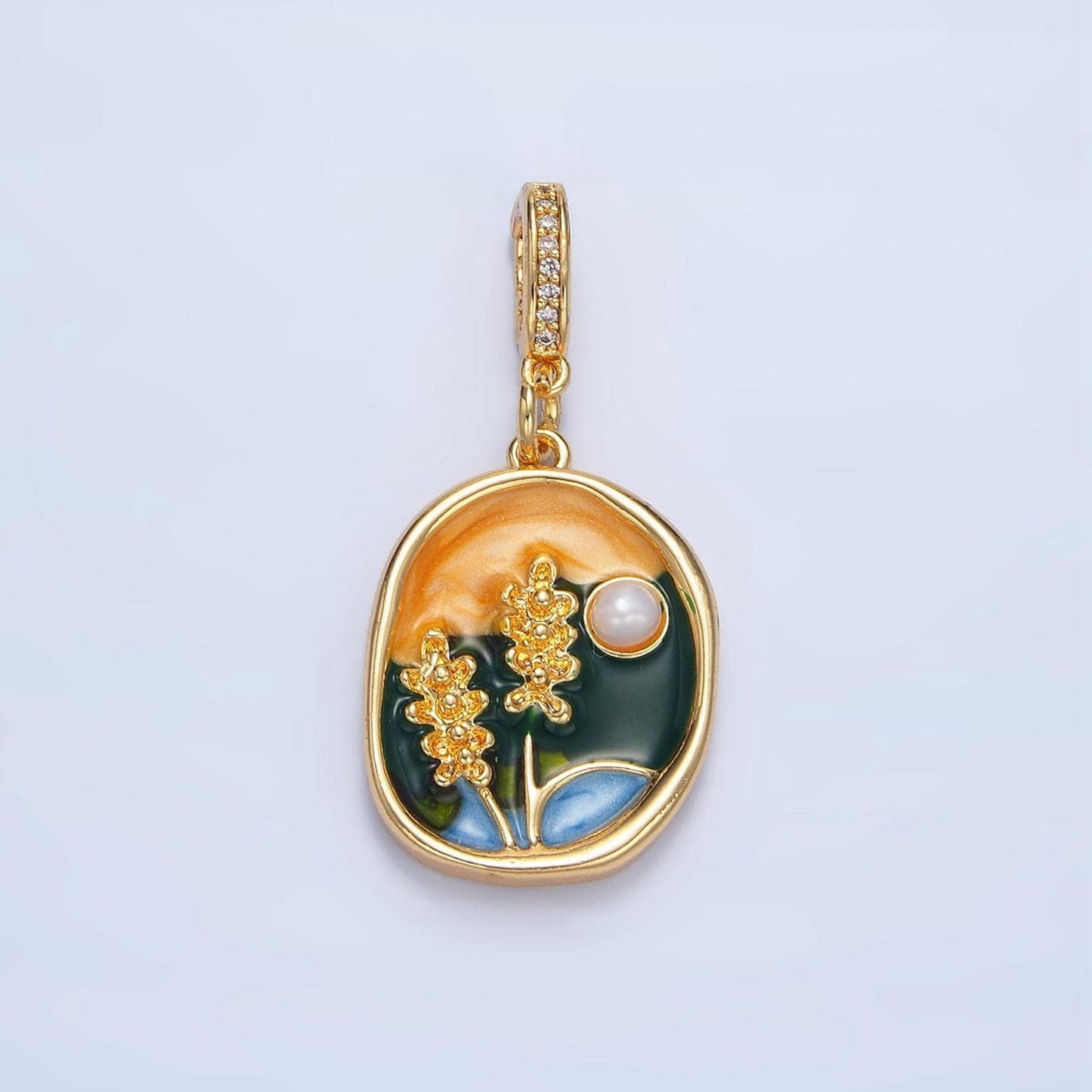 Floral flower pearl painting 24k gold filled abstract circle pendant | aa-982