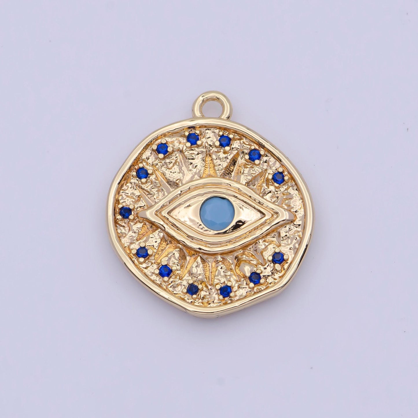 Gold evil eye pendant w. azurite blue and turquoise blue iris micro paved cubic zirconia cz 24k gold filled coin medallion charm | ag138