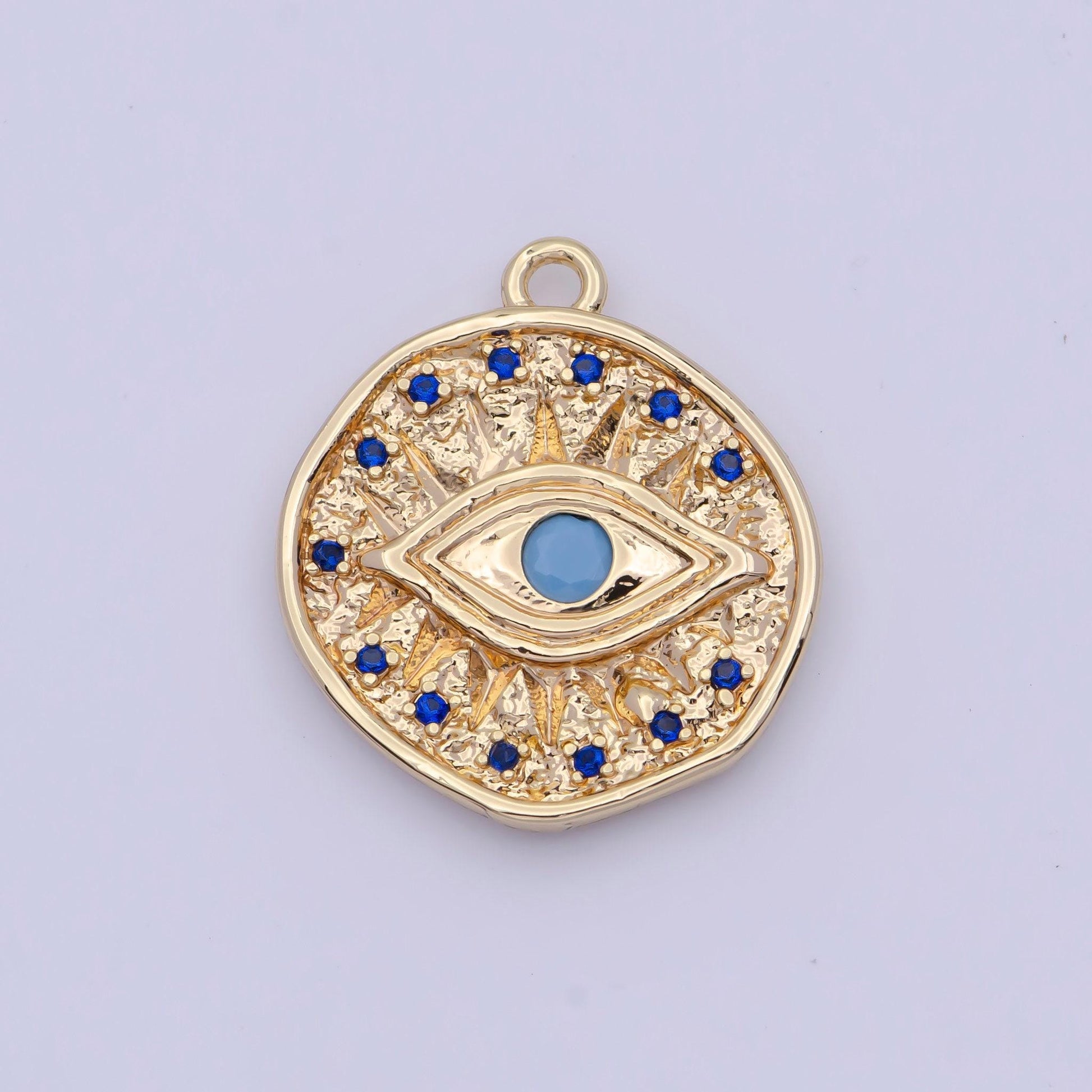 Gold evil eye pendant w. azurite blue and turquoise blue iris micro paved cubic zirconia cz 24k gold filled coin medallion charm | ag138