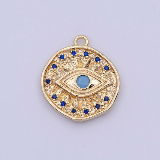Gold evil eye pendant w. azurite blue and turquoise blue iris micro paved cubic zirconia cz 24k gold filled coin medallion charm | ag138