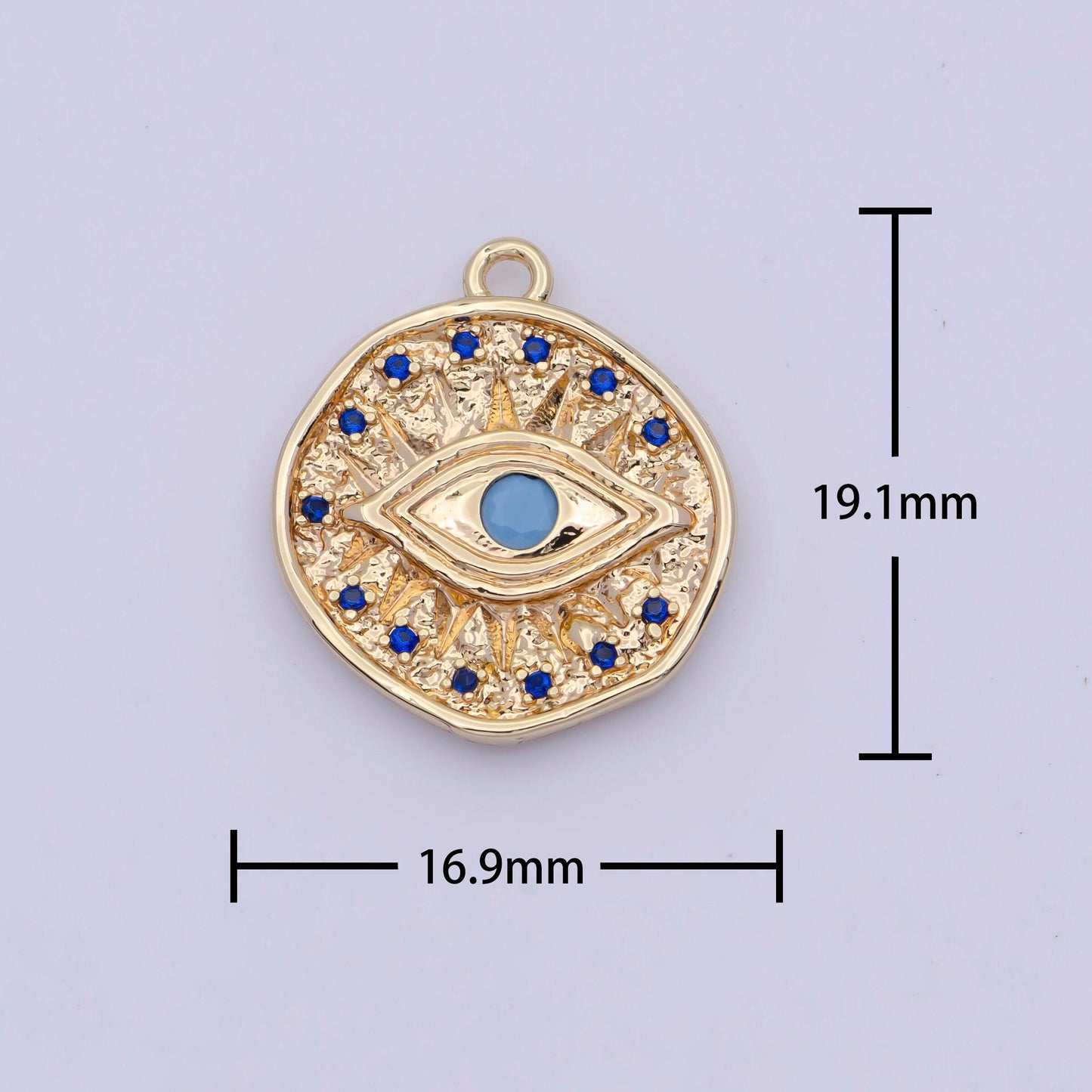 Gold evil eye pendant w. azurite blue and turquoise blue iris micro paved cubic zirconia cz 24k gold filled coin medallion charm | ag138