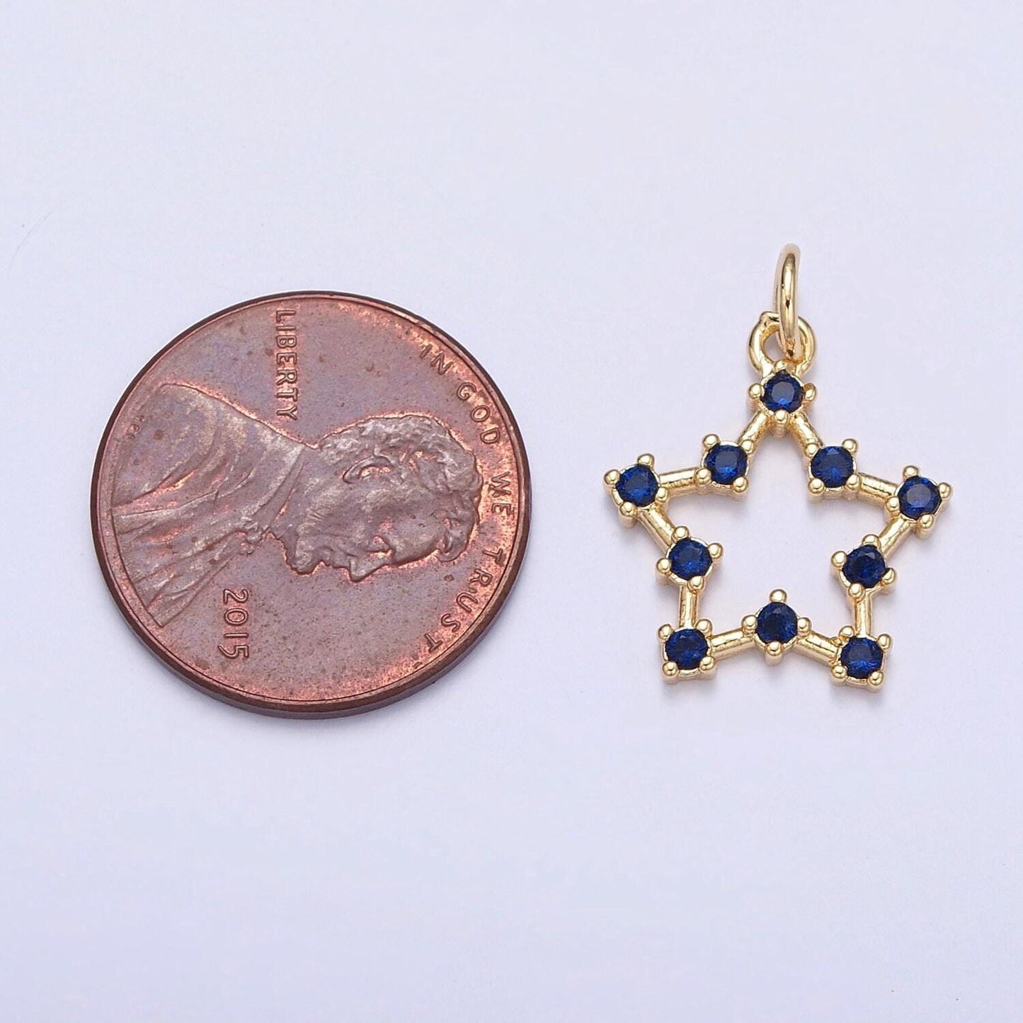 24k gold micro pave star charm, hollow center and blue stones around, cubic zirconia star pendant charm, charm, for diy jewelry | x-110