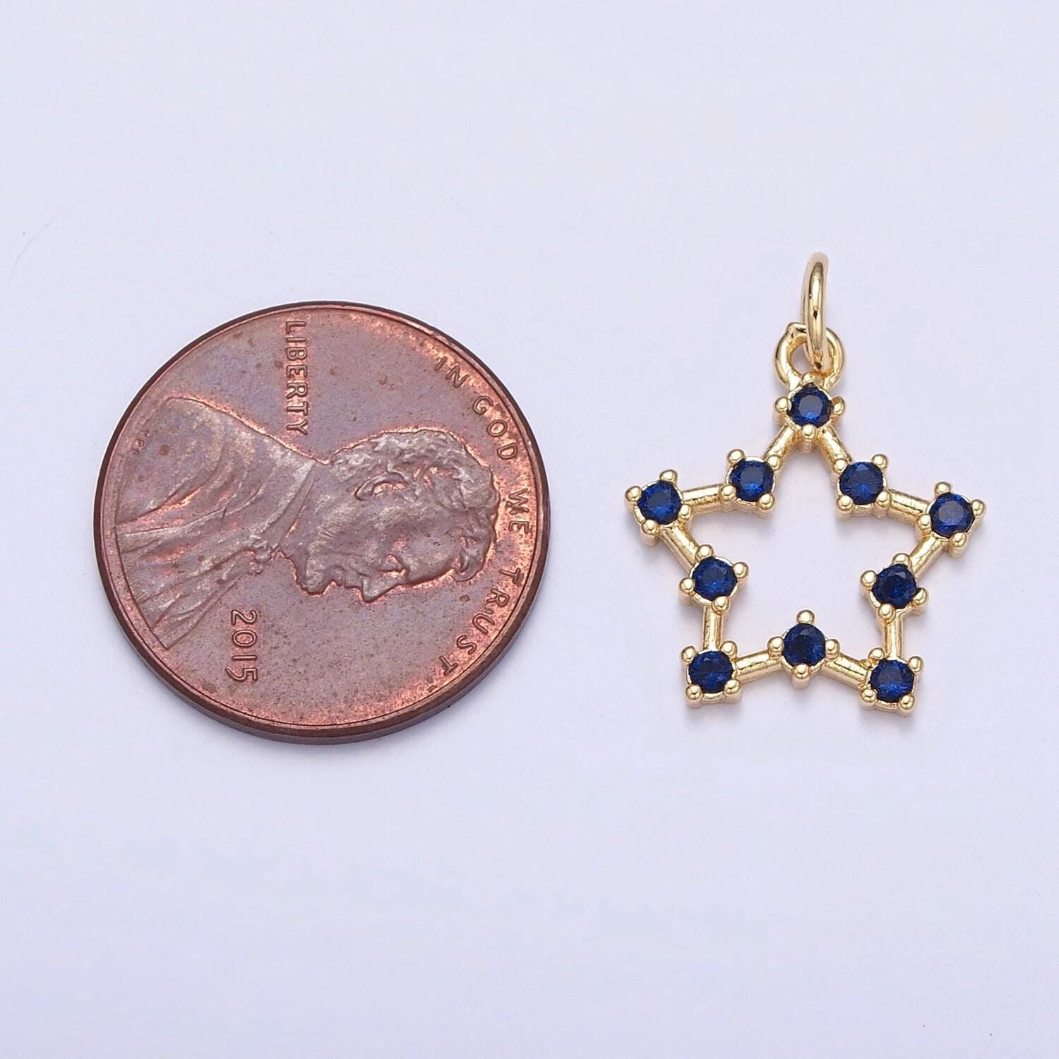 24k gold micro pave star charm, hollow center and blue stones around, cubic zirconia star pendant charm, charm, for diy jewelry | x-110