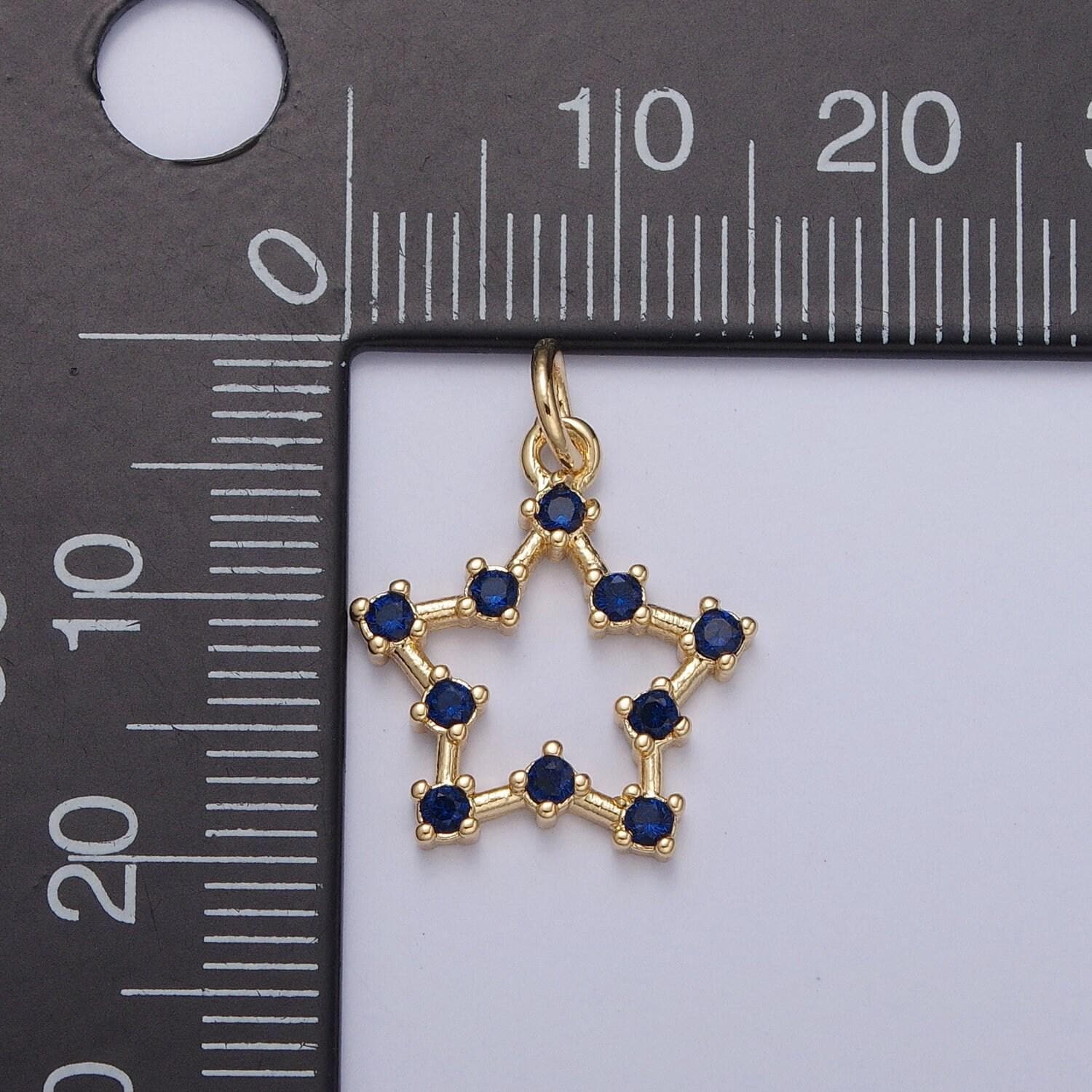 24k gold micro pave star charm, hollow center and blue stones around, cubic zirconia star pendant charm, charm, for diy jewelry | x-110