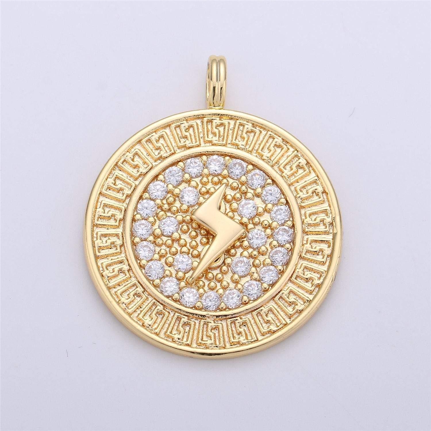 Thunder charm 32x26mm gold filled medallion lightning bolt charm, cz micro pave lightning bolt charm pendant