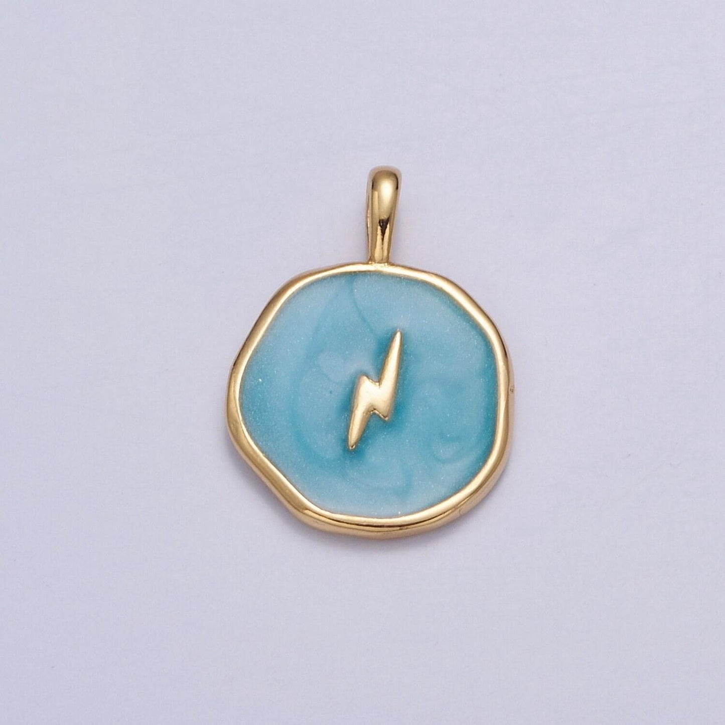 Blue-ish teal enamel lightning bolt medallion charm, 14k gold filled enamel bolt charm for necklace bracelet jewelry making supply | i-080