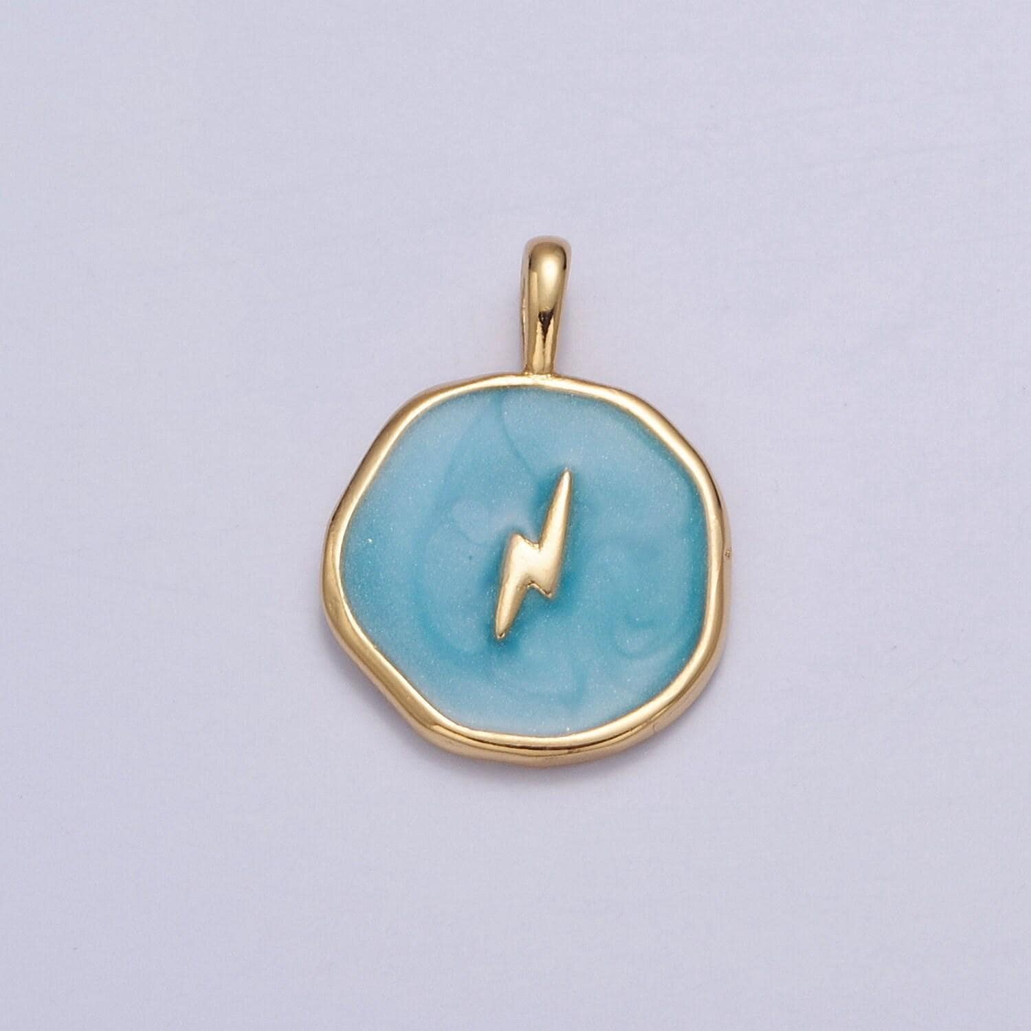 Blue-ish teal enamel lightning bolt medallion charm, 14k gold filled enamel bolt charm for necklace bracelet jewelry making supply | i-080