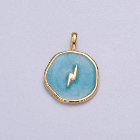 Blue-ish teal enamel lightning bolt medallion charm, 14k gold filled enamel bolt charm for necklace bracelet jewelry making supply | i-080