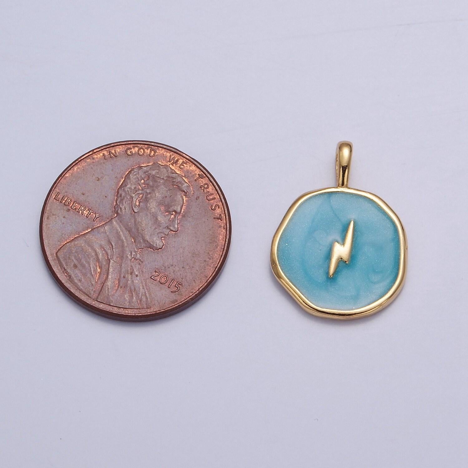 Blue-ish teal enamel lightning bolt medallion charm, 14k gold filled enamel bolt charm for necklace bracelet jewelry making supply | i-080