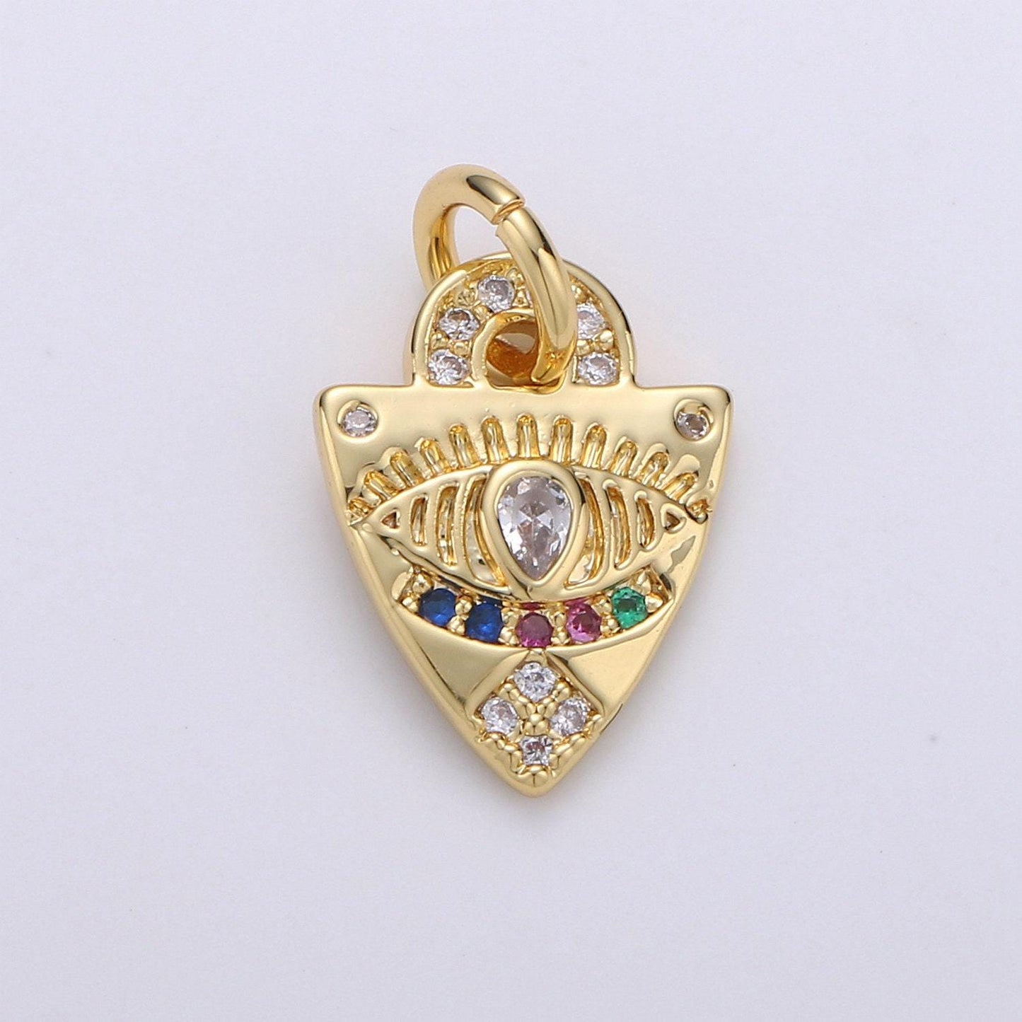 Dainty charm 24k gold micro pave evil eye pendant charm, rainbow eye shield cz pendant charm, for protection amulet jewelry